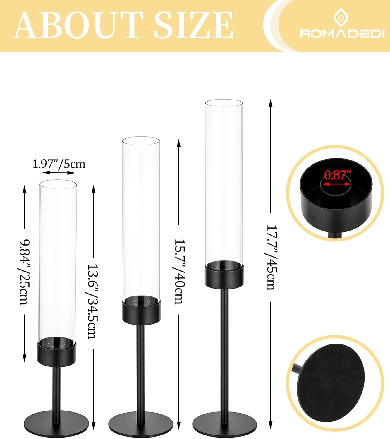 Romadedi Black Candlestick Holders Hurricane - Metal Taper Candle Holder Bulk Tall Windproof Glass Cylinder for Indoor Outdoor Table Centerpiece Christmas Halloween Modern Home Decor Set of 6