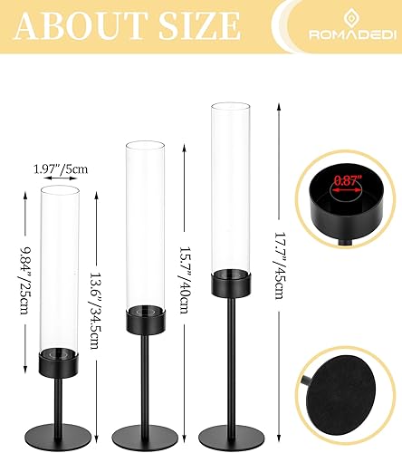 Miniatura 5 de Romadedi Candelabros negros Hurricane, portavelas cónico de metal, cilindro de vidrio alto a prueba de viento para interiores y exteriores, centro