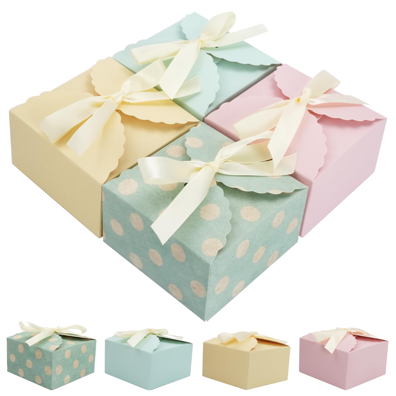 24 Pack Gift Boxes, Scalloped Paper Foldable Treat Boxes for Gift Wedding Baby Shower Birthday, 9 x 9 x5 cm Favor Candy Box with Ribbons for Packaging Candy, Cookie, Chocolate, Biscuits (4 Colors)