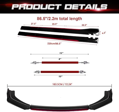 Miniatura 59 de x xotic tech Alerón de barbilla para parachoques delantero + difusor de aletas de falda lateral de 2M + barra de soporte ajustable de 10 a 13 Fibra
