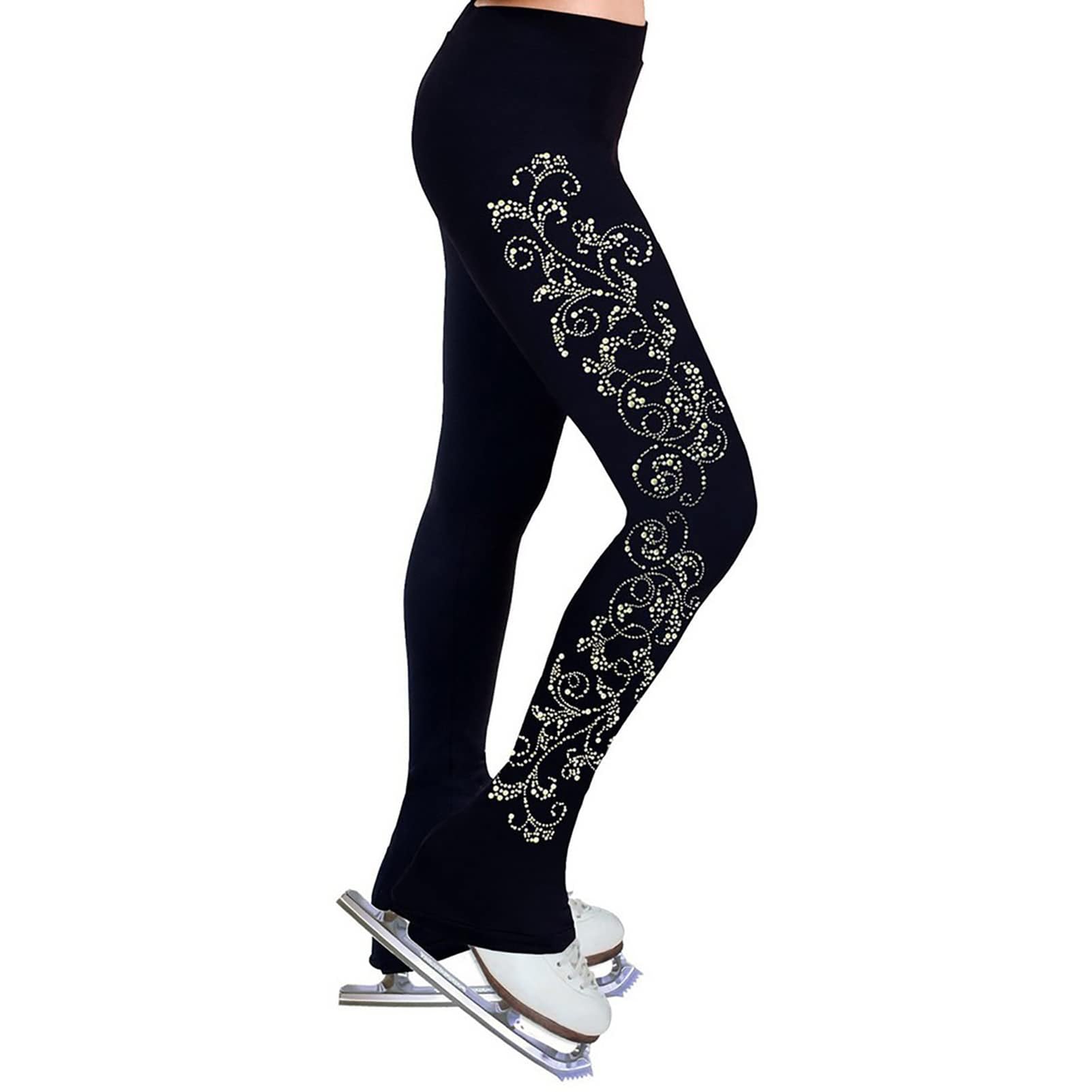 Eiskunstlauf Polarfleece Hose Damen Mädchen Strass Thermal Leggings Wettbewerb Training Tights Schwarz XXS