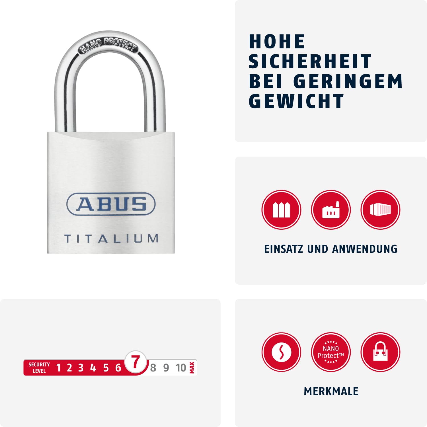 ABUS Titalium kłódka 80TI/45 – kłódka do piwnicy z lekkim, masywnym korpusem zamka ze specjalnego aluminium – poziom bezpieczeństwa ABUS 7 – srebrna