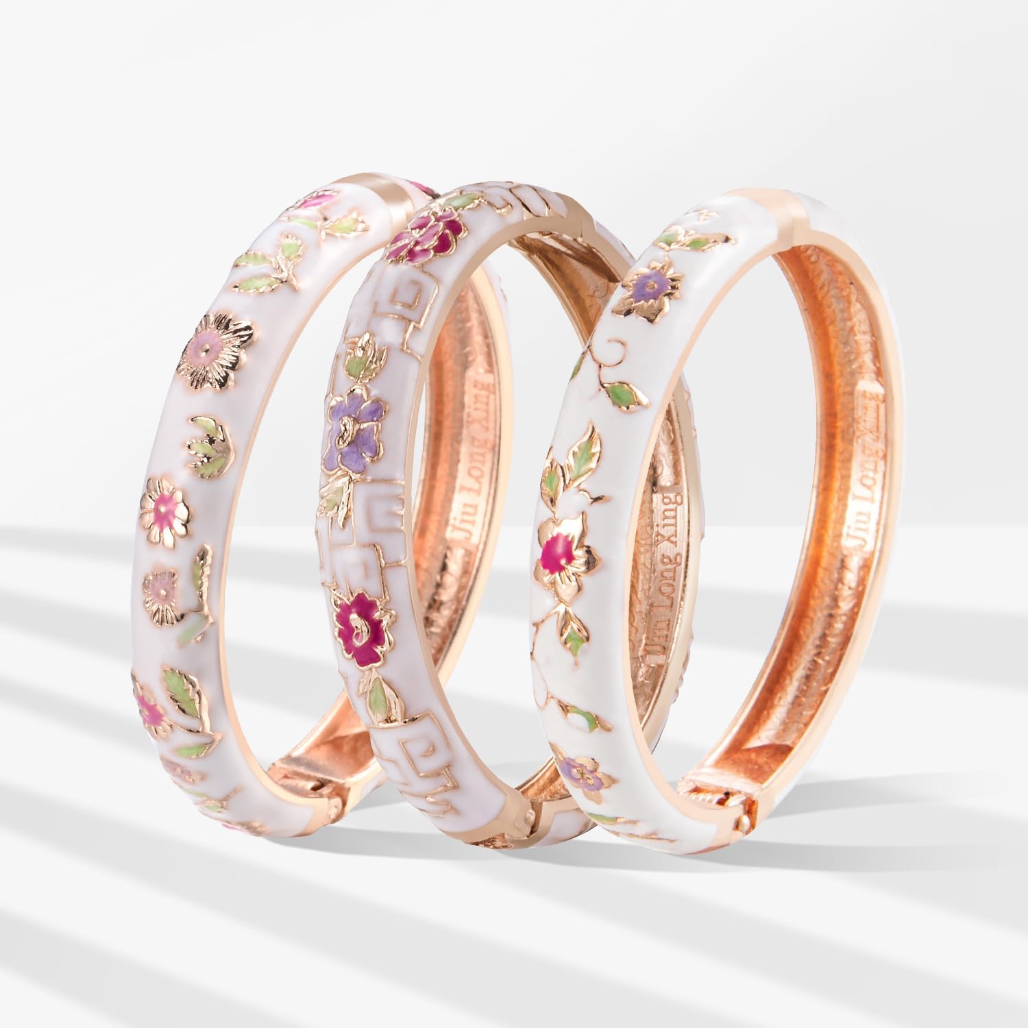 UJOY Womens Multi-Colors Cloisonne Bracelet Gold Plated Flower Enameled Hinged Cuff Bangles Jewelry Gift 55A-3PCS - Image 2