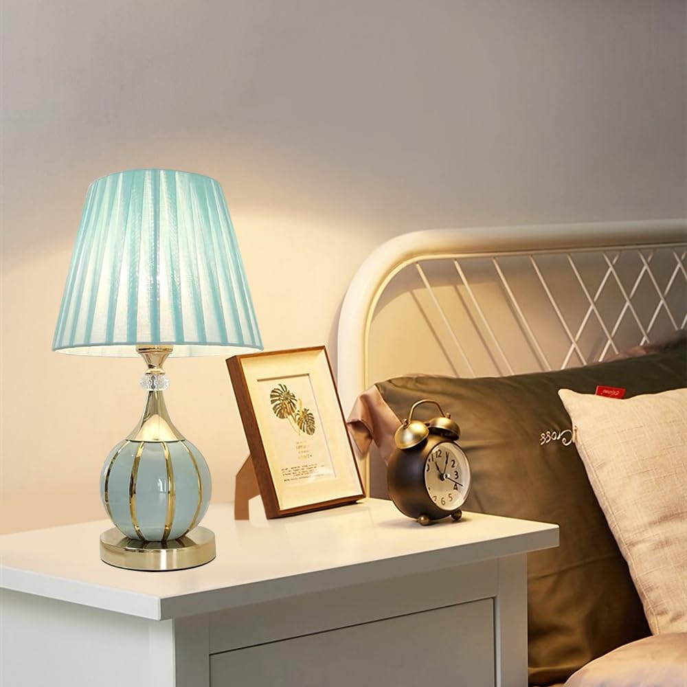 Mengjay Vintage Nachttischlampe mit Kabel,Tischlampe aus Keramik,Moderne Tischleuchte mit Stoffschirm,E27 Fassung,Dekolampe,Leselampe,Nachtlicht für Schlafzimmer, Wohnzimmer,Kinderzimmer (Blau)