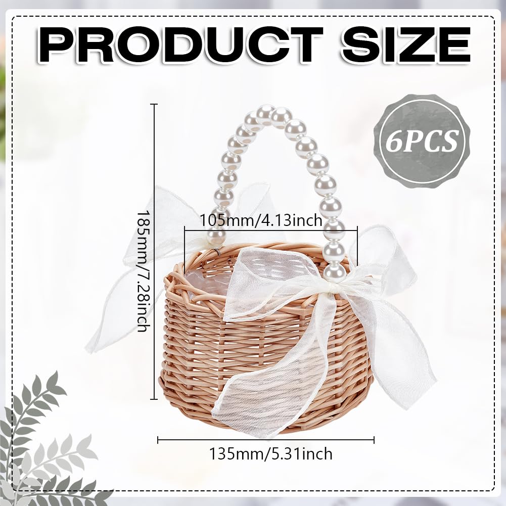 6 panier à Fleurs en Rotin Tressé Petit Panier en Rotin Tressé avec Anse en Perle Nœud en Ruban et Doublure en Plastique. Paniers à Fleurs Féeriques Paniers Tressés pour Œufs et Bonbons