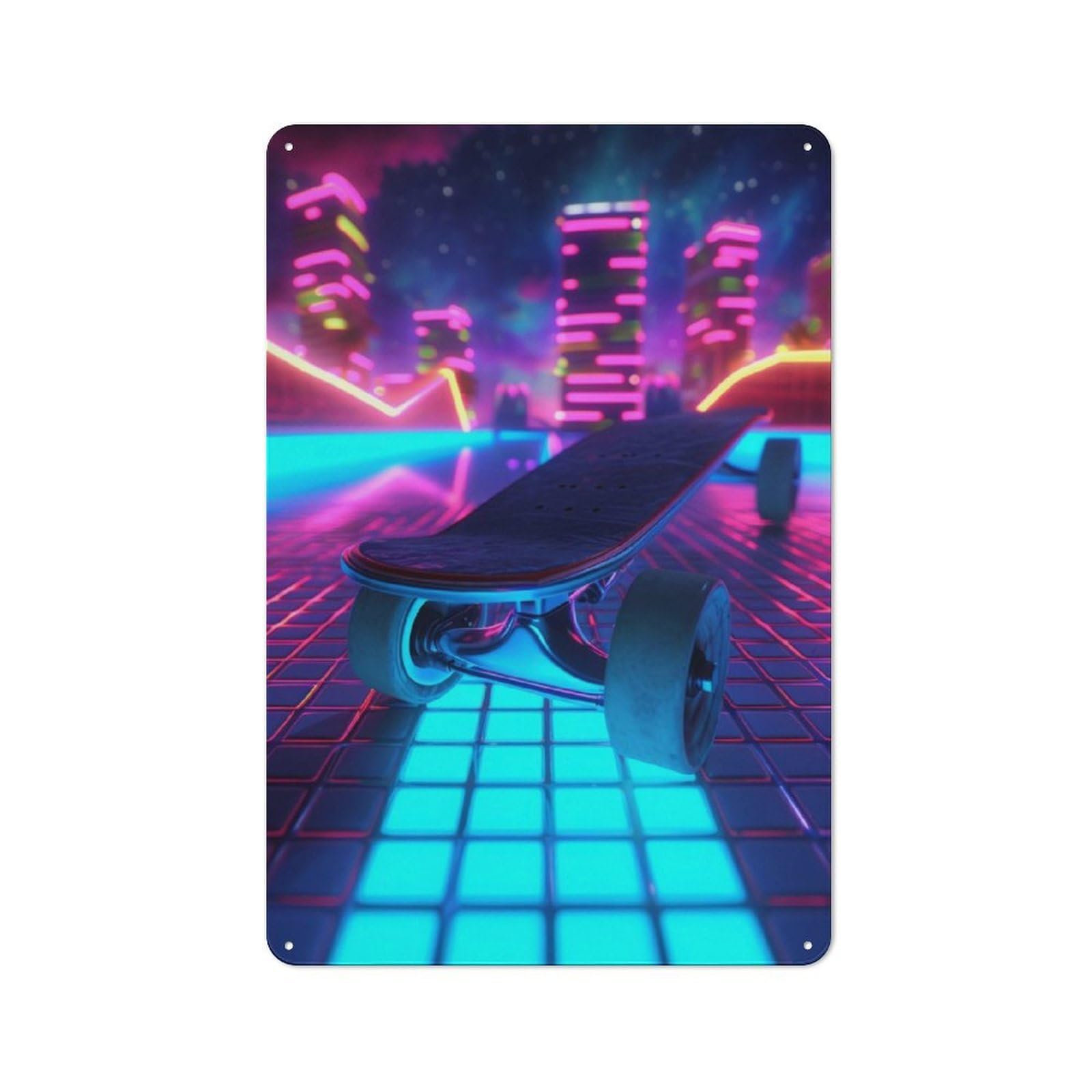 Sport Neon Skateboard Metal Tin Sign, Small Wall Accent for Small Toilet, Washroom And Hallway, 30x20cm