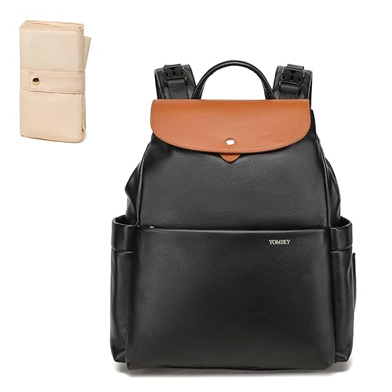 Yomiky Leather Diaper Bag Backpack for women with Changing Pad and Multiple Pockets. Stylish and Functional (Black-Brown), Black-brown