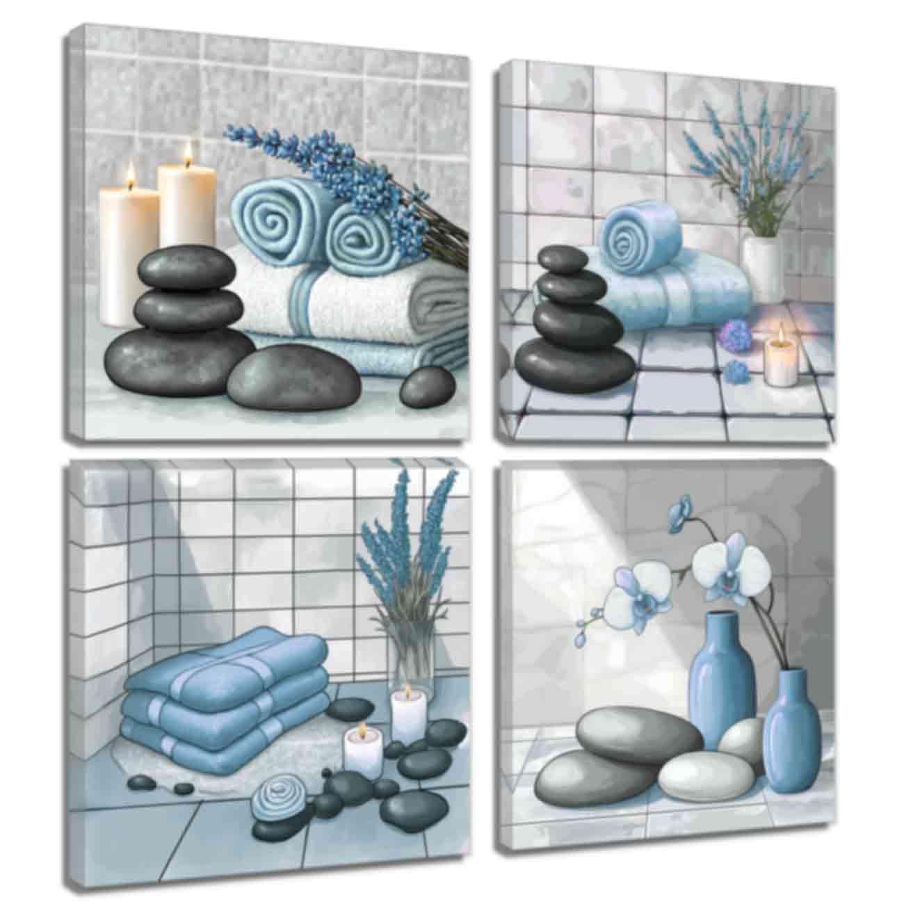 LMYSXAOZ Zen Wall Art for Bathroom Decor Stone & Orchid Still Life Pictures Bath Canvas Prints Meditation Room Spa (Blue,14.00" x 14.00" 4)