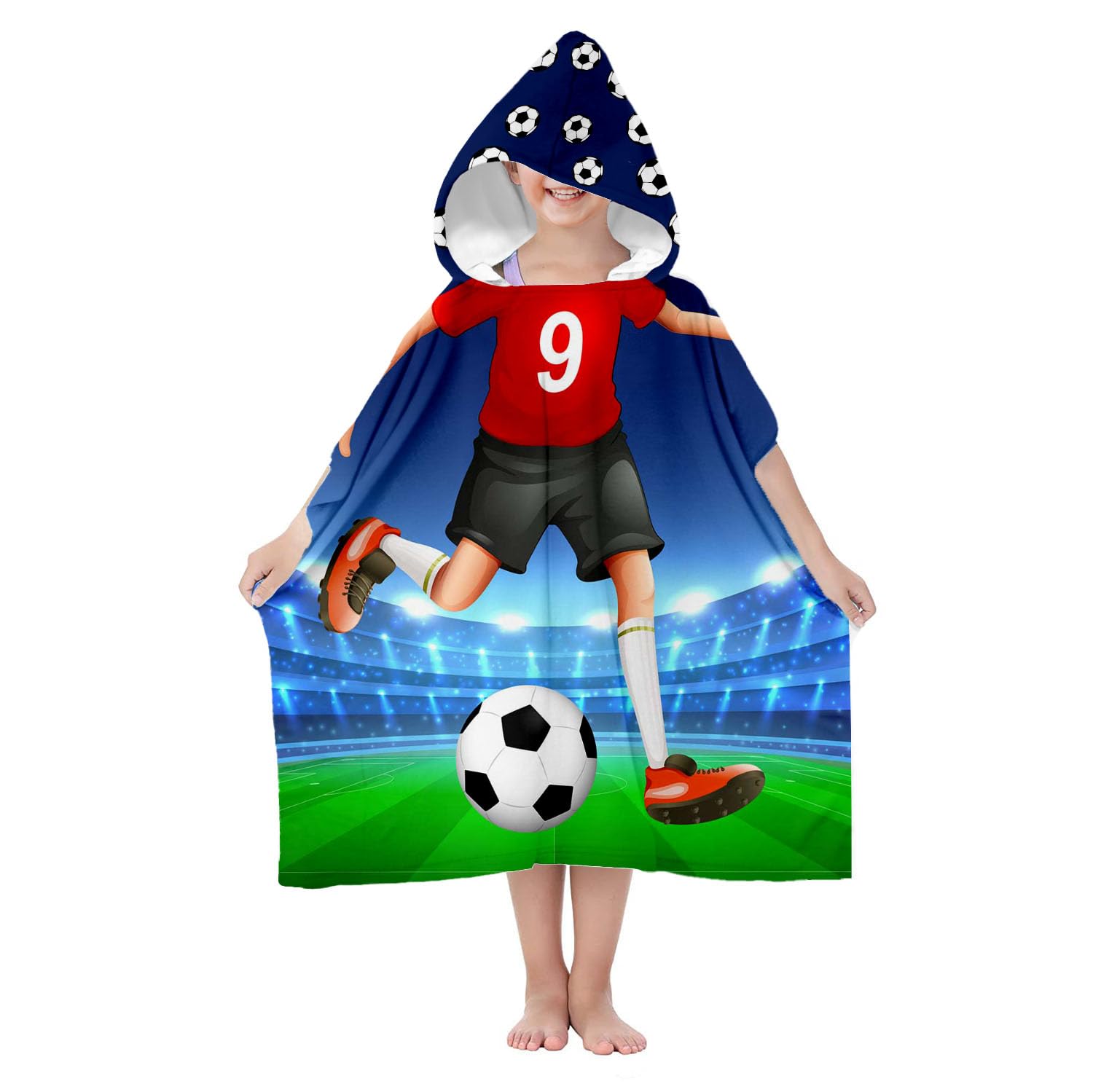 Ferocity Boys Football Player Bath Poncho For Kids Soft Microfiber Quick Dry Towel For 70 Cm Hooded Bathrobe Light Weight Changing Towel Wrap Cover Dressing Gown Kids Pattern [163]