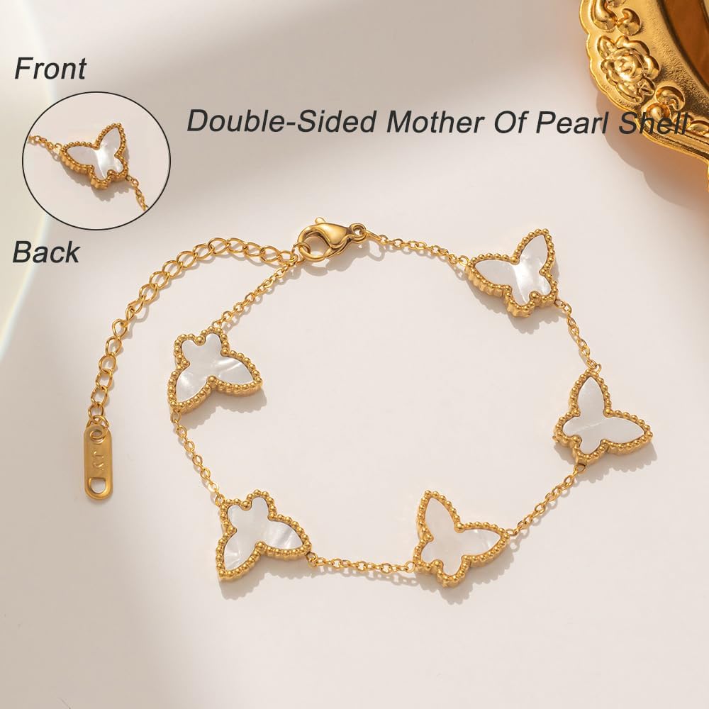 Lucky Butterfly Bracelet Designer Dupes, 18k Gold Plated Minimalism Double-Sided Mother Of Pearl Shell Dainty Adjustable Chain Bracelet For Women Fashion Jewelry Gift