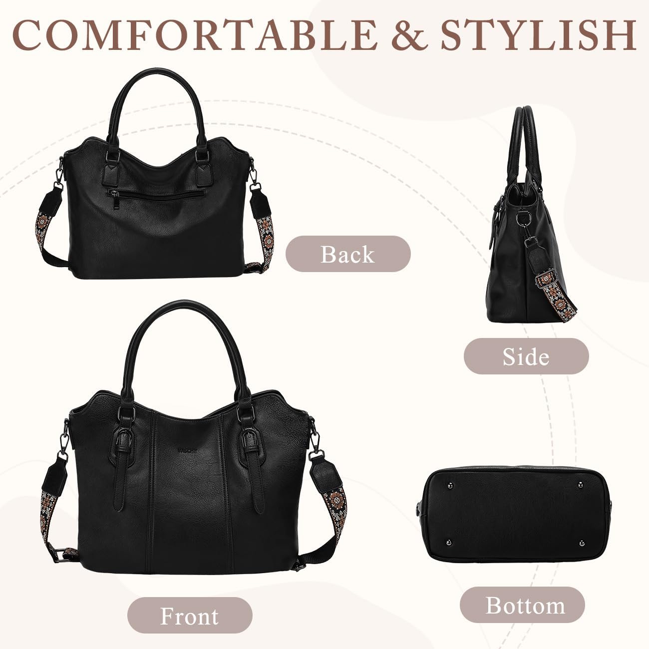 VASCHY Hobo Bags for Women, Vegan Leather Top Handle Satchel Shoulder Purse Handbag Purse with Crossbody Guitar Strap - Image 6