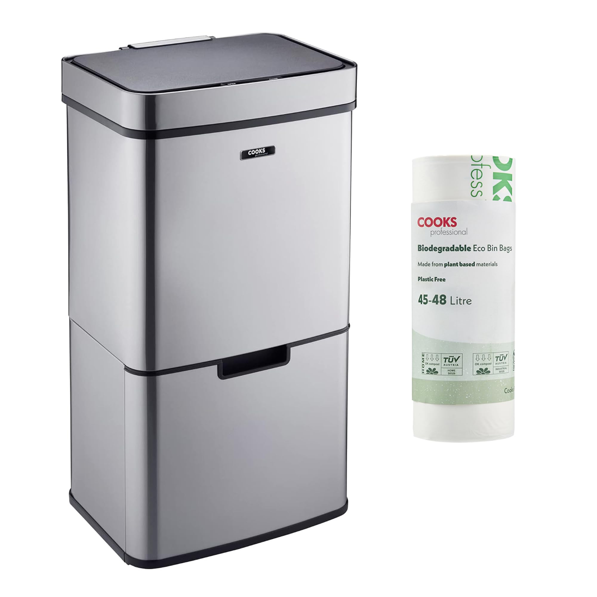 Cooks Professional Recycling Sensor Bin 75L with Dual Compartments and Removable Food Caddy for Kitchen | Smart Automatic Brushed Metal Bins | Includes 25 Biodegradable Bin Bags | Silver