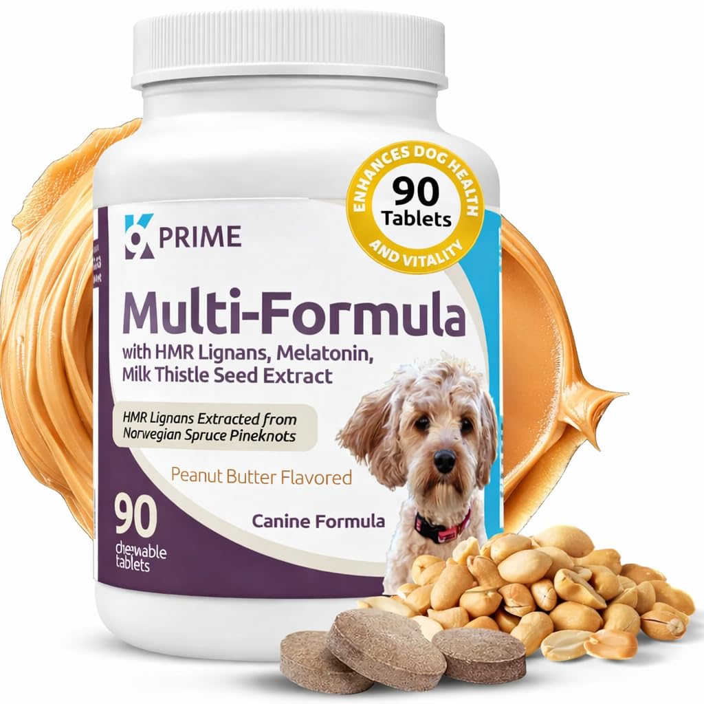 Prime HMR Lignans for Dogs - Multi-Formula Dog Vitamins for Medium Dogs - 10mg HMR Lignans, 1mg Melatonin,Milk Thistle - Helps Heart, Liver, Digestion Health, 90 Capsules -Peanut Butter Flavor