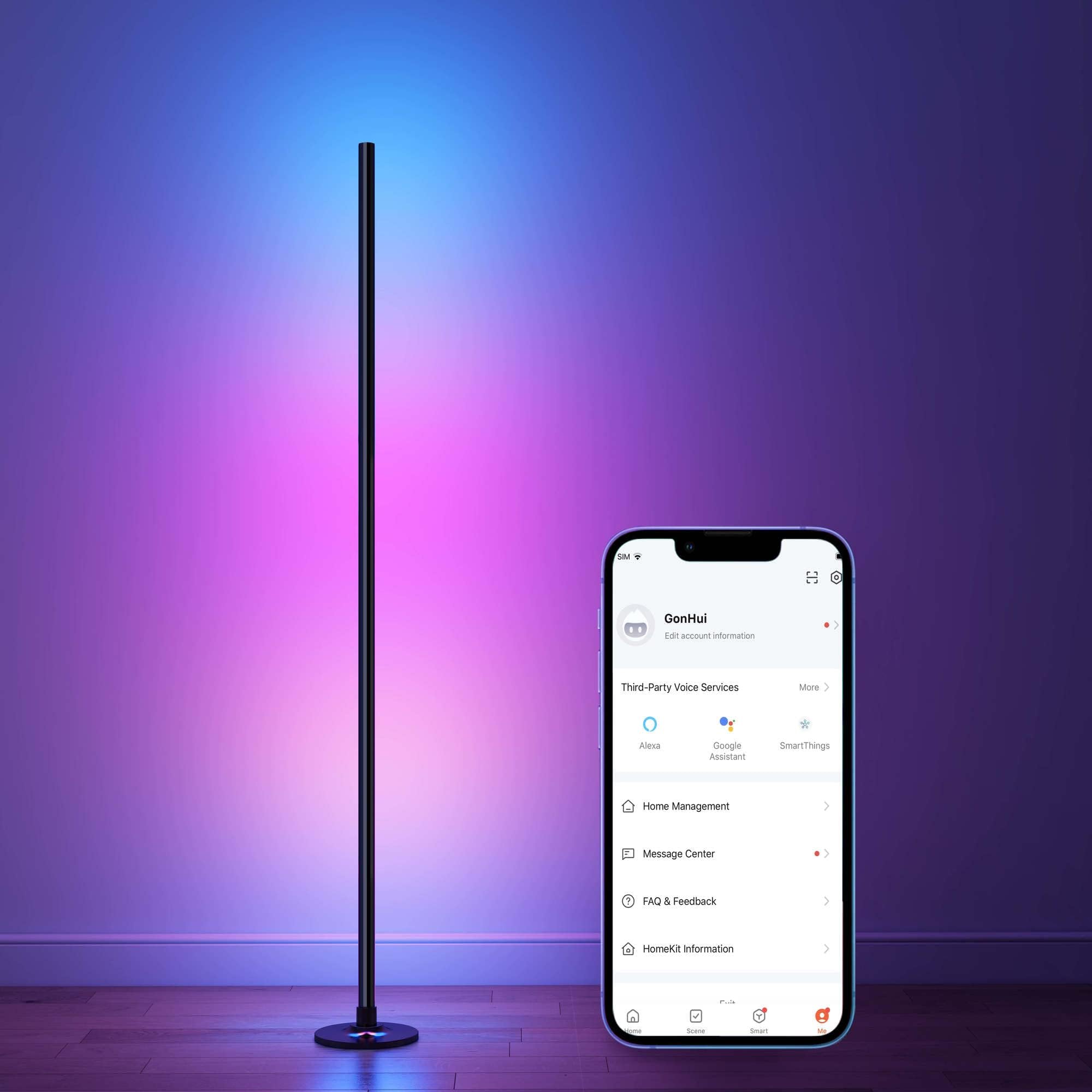 RGB+IC Corner Floor Lamp, LED Smart Floor Lamp Compatible with Alexa, Color Changing Ambience Light with Music Sync, Modern Corner Lit Standing Lamp for Living Room Bedroom Gaming Room（Silver ）