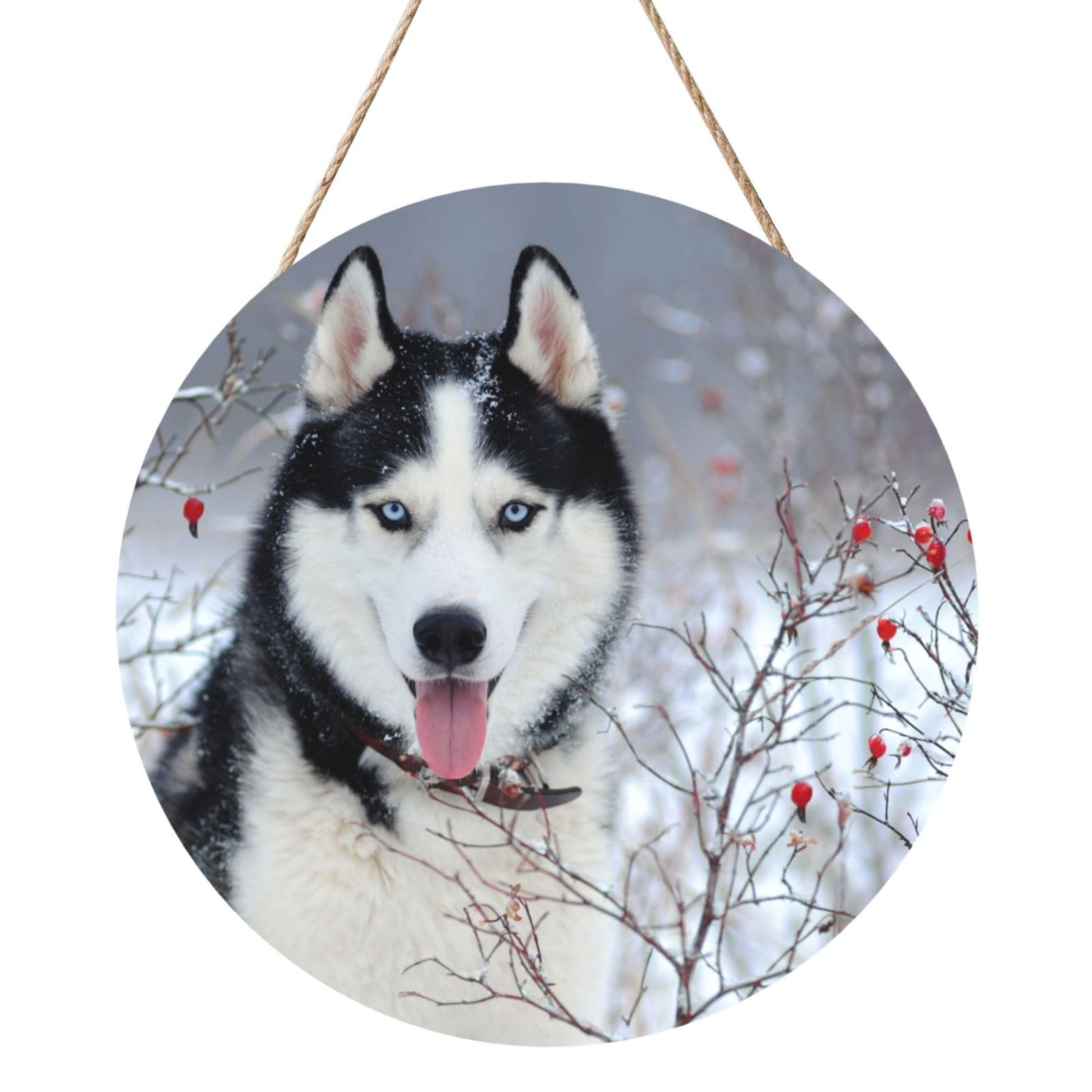 InOmak Husky In Winter, Round Wood Panel Painting 12 in, Wall Hanging Painting For Home