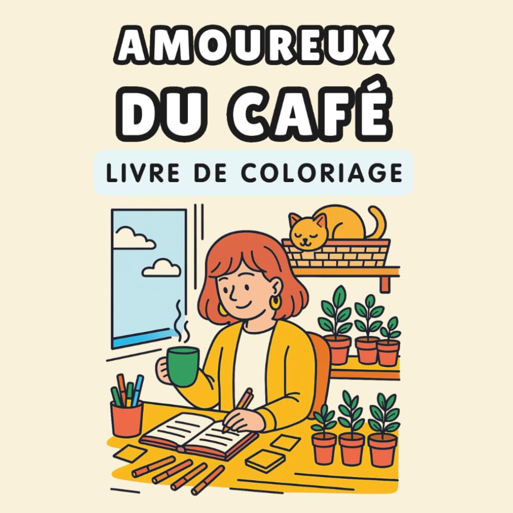 Amoureux du Café Livre de Coloriage: Plantes, chats mignons, cafés douillets et motifs apaisants pour adultes en quête de détente et de créativité