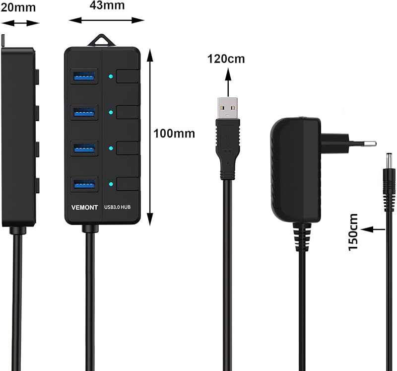 VEMONT USB 3.0 Hub 4 Port Aktív Adapter Tápegységgel és Kapcsolóval