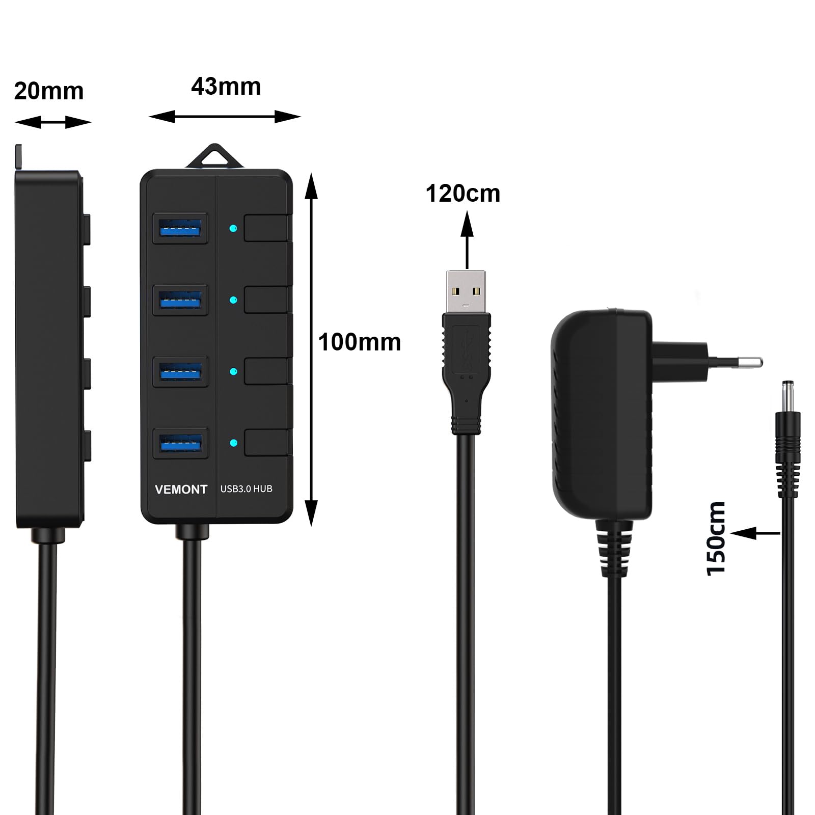 Hub USB 3.0 Alimentado,VEMONT 4 Puertos USB Hub Alimentación Externa con Ataptador 5V/3A,SuperSpeed Multi USB con Botón Encender/Apagar y Cable Largo 1,2m Compatible con Mac iOS,Windows,Android,Linux
