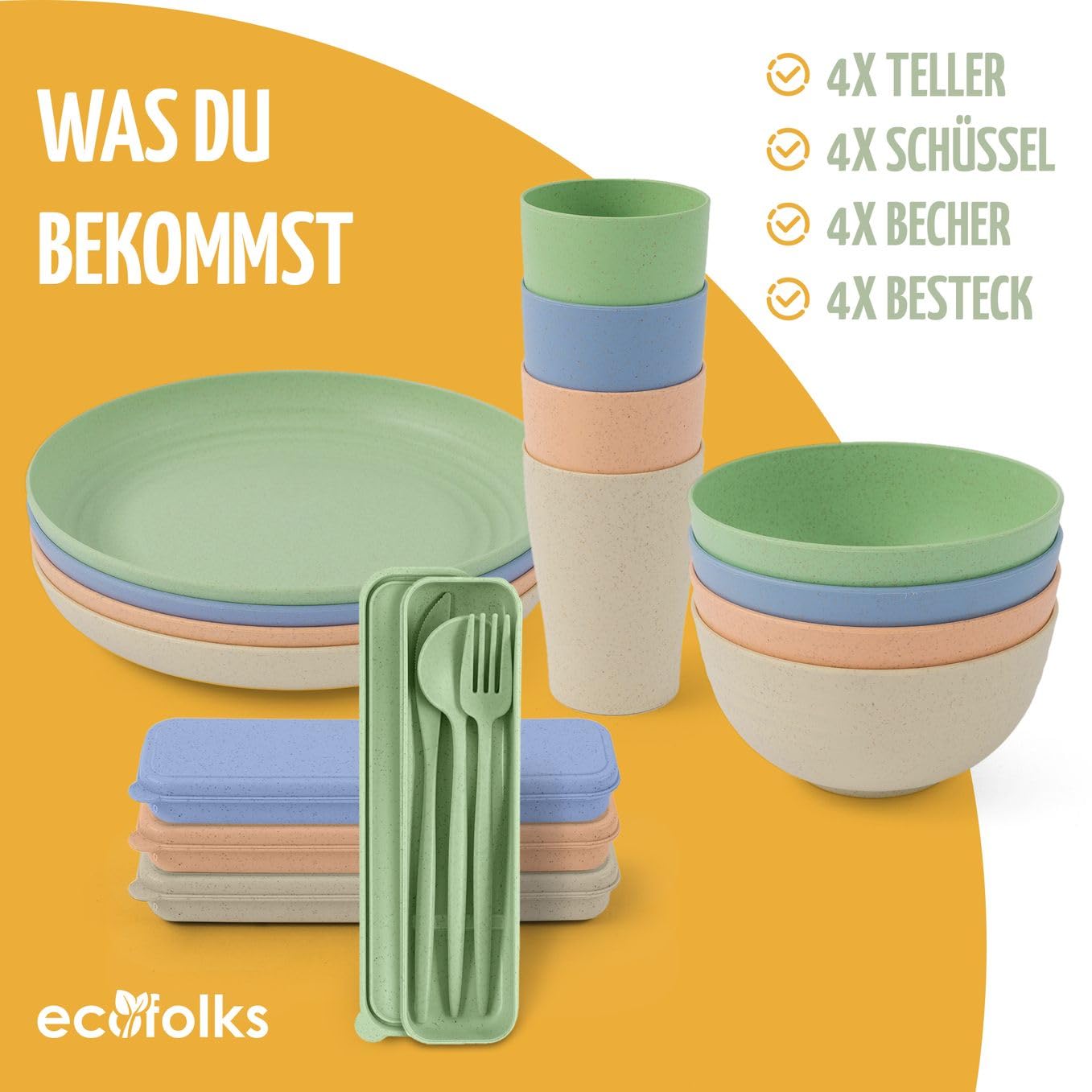 Umweltfreundliches Camping-Geschirrset – 100% Recyceltes Material | Mehrweg, Bunt, Für Wohnmobil, Picknick, Outdoor & Kinder