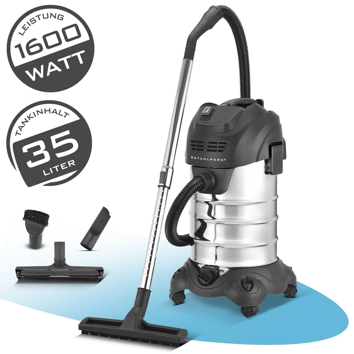 STAHLWERK Aspirador Agua y Polvo VCL-1600 ST - Aspirador industrial de 1600 W con tanque de acero inoxidable de 35 L, función de soplado, parada de seguridad y amplia gama de accesorios, aspirar