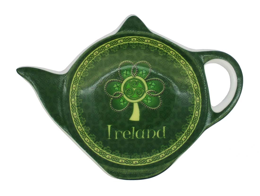 Shamrock Spiral Ireland Tea Bag Holder With A Green And Yellow Celtic Design