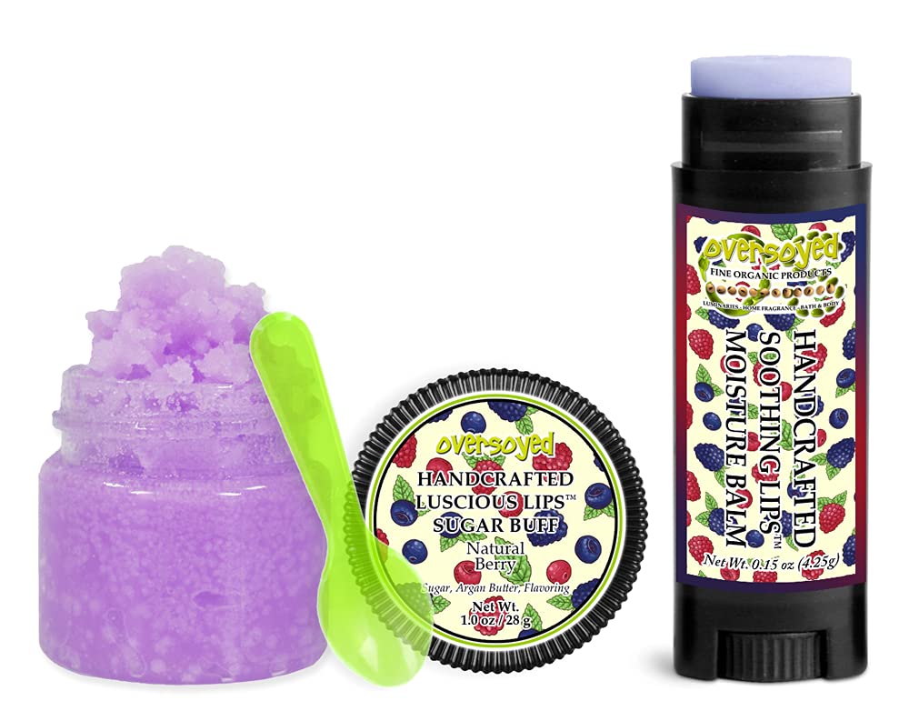 Natural Berry Soothing & Luscious Lips by OverSoyed Exfoliator & Chapped Lip Repair Lip Care Combo | Artisan Handcrafted to Order Citrusy Berry Orange Lemon Lime Grapefruit Flavored Exfoliating Sugar Lip Scrub & Lip Moisturizer Balm Gift Set