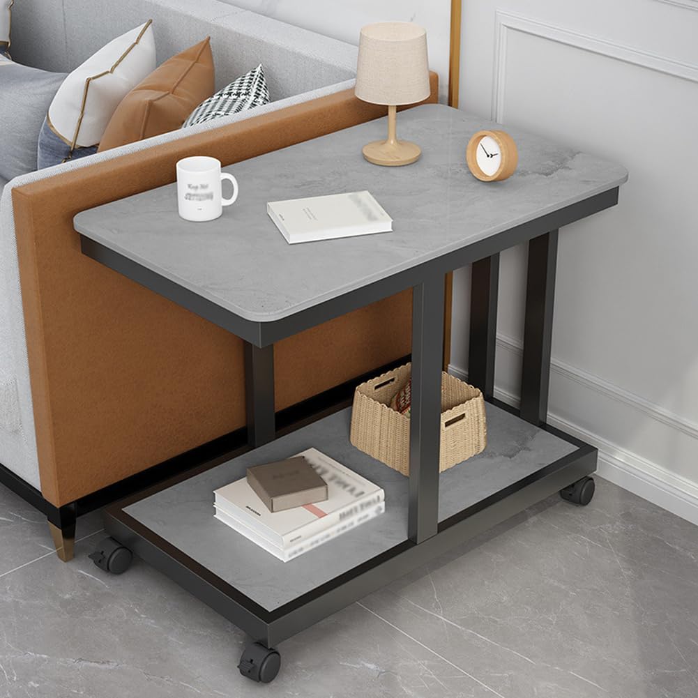 SXZenSpace C-Shaped Side Table with Wheels Rolling,2-Tier Modern Snack End Metal Frame,Couch Tables That Slide under for Living Room,black frame gray