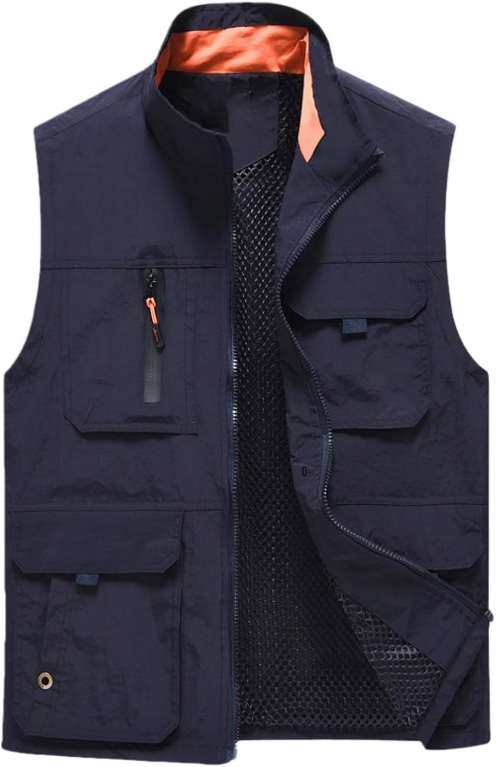 Men's Cotton Stand Collar Lined Vest Zip Multi Pocket Casual Workwear Vest