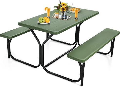 S AFSTAR Picnic Table Bench Set, 59 Expanded Rectangular Picnic Table, Outdoor Table and Bench W/Steel Frame & Wood-Like Texture Tabletop, Camping Table Chair Set for Garden Patio Lawn Deck Green