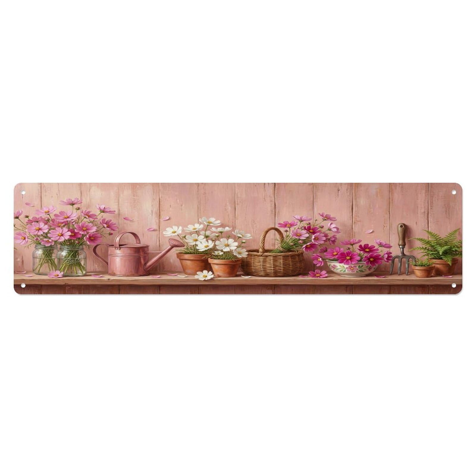 Floral Garden Tools Cosmos Jar Pattern Print Metal Tin Sign