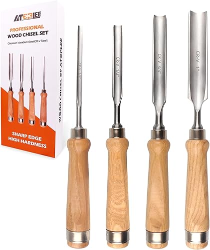ATOPLEE Juego de cinceles de madera para carpintería, 4 piezas, herramienta profesional de cincel de tallado de madera, carpintero Gouge CR-V, borde