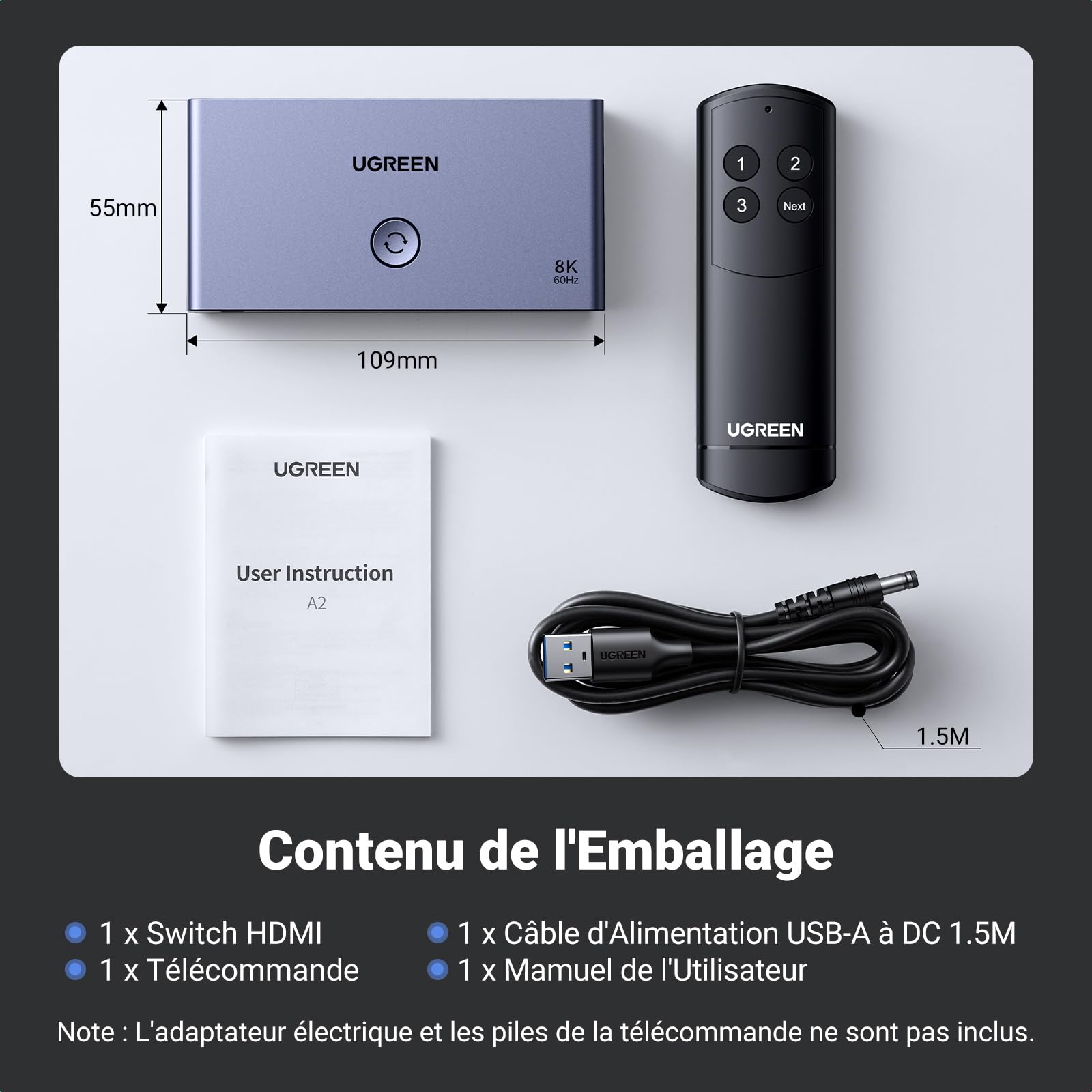 UGREEN Switch HDMI 2.1 8K 60Hz Commutateur 4K 120Hz 3 Entrées 1 Sortie 48Gbps