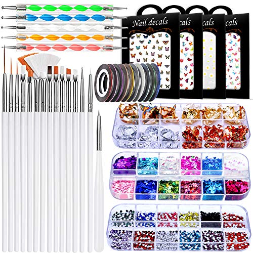 JOYJULY Nail Art Brushes & Decorations Kit - 3D Nail Art, Dotting Tools, Glitters, Stickers, Rhinestones, Foil, Striping Tapes