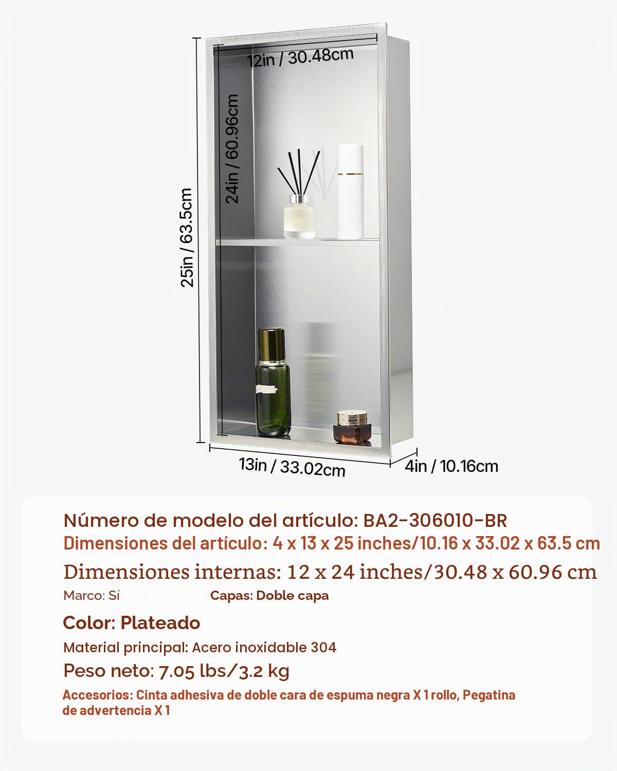 VEVOR Nicho de Ducha Empotrado 33x63,5x10,2 cm Estante Divisor de Pared de Acero Inoxidable Organizador de Jabón y Champú con Marco Sellado Impermeable Duradero Fácil de Instalar para Baño, Plata