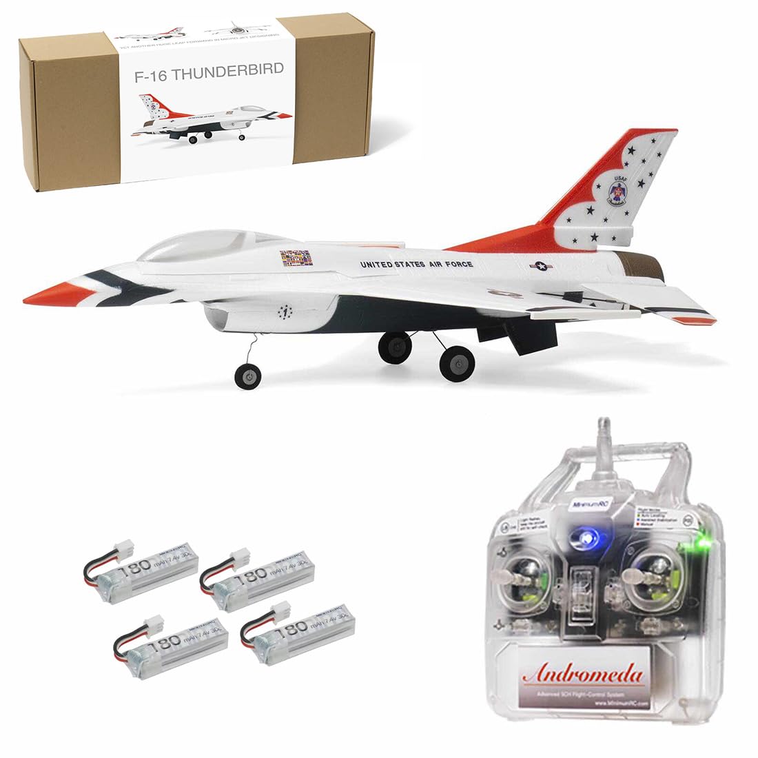 MinimumRC F-16 Thunder-Birds EDF RC Jet, 290mm Wingspan 30mm Ducted Fan Delta Wing Mixing RC Airplane with Gyro Stabilization (Left-hand/Brushless motor/4 Battery)