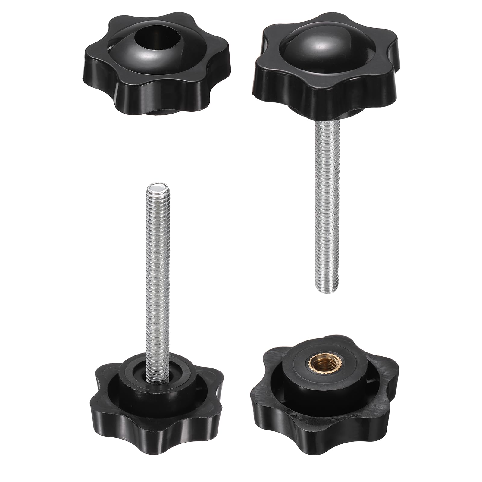 sourcing map 2 Set Star Knobs M6 x 55mm Male + M6 Female Thread 38mm Head Metric 6-Star Threaded Stud Clamping Handles Screw in Through Hole Hand Jig Knob Thumb Screws, Black