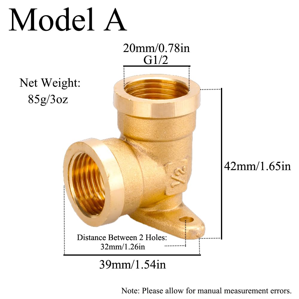 2 codos de 90 grados, placa de pared de latón de 1/2 pulgada, accesorios de fontanería con placa base (modelo A)