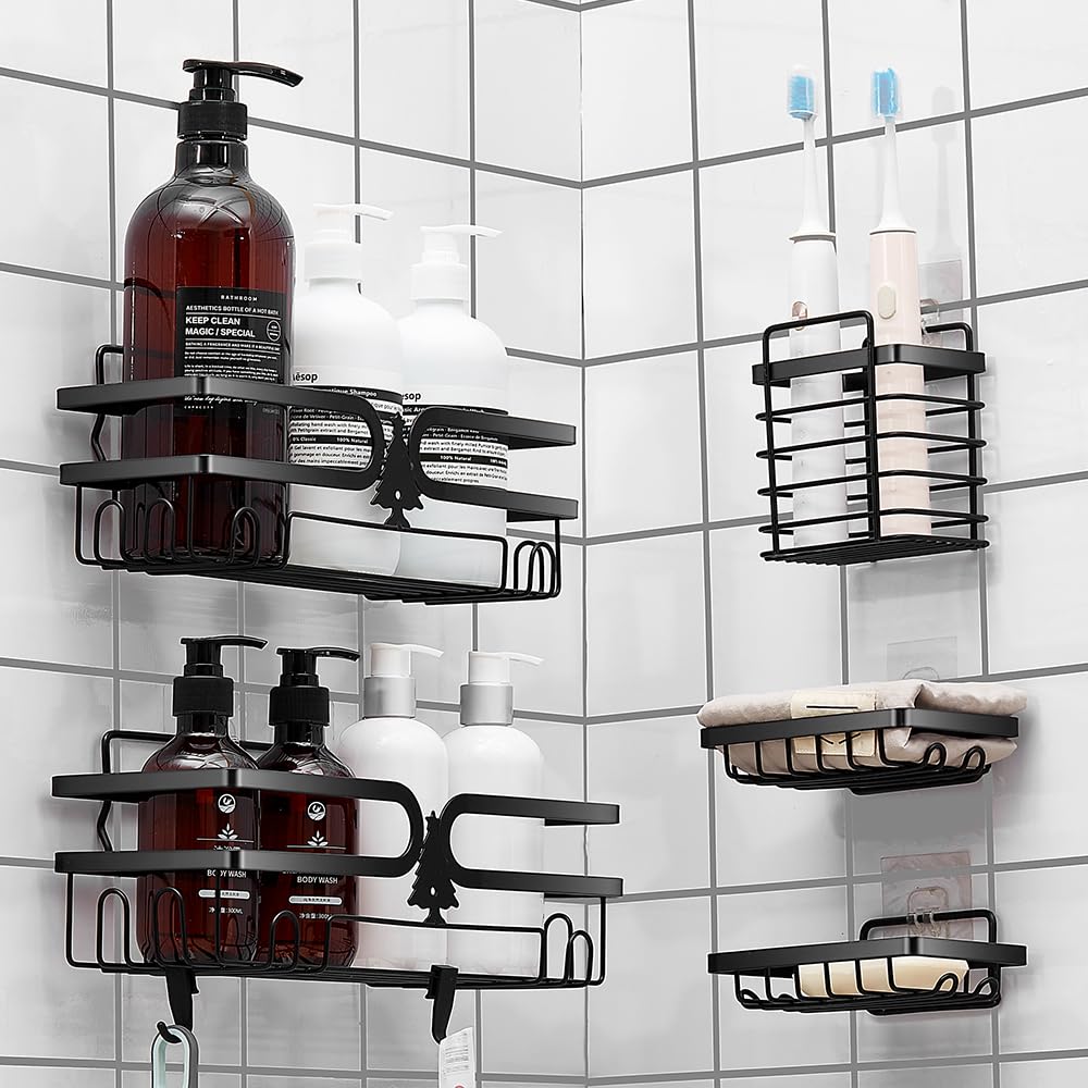 BATTAUTION Shower Caddy 5 pack Black Shower Organizers Stainless Steel Wall Rack Backets for Bathroom Storage and Kitchen