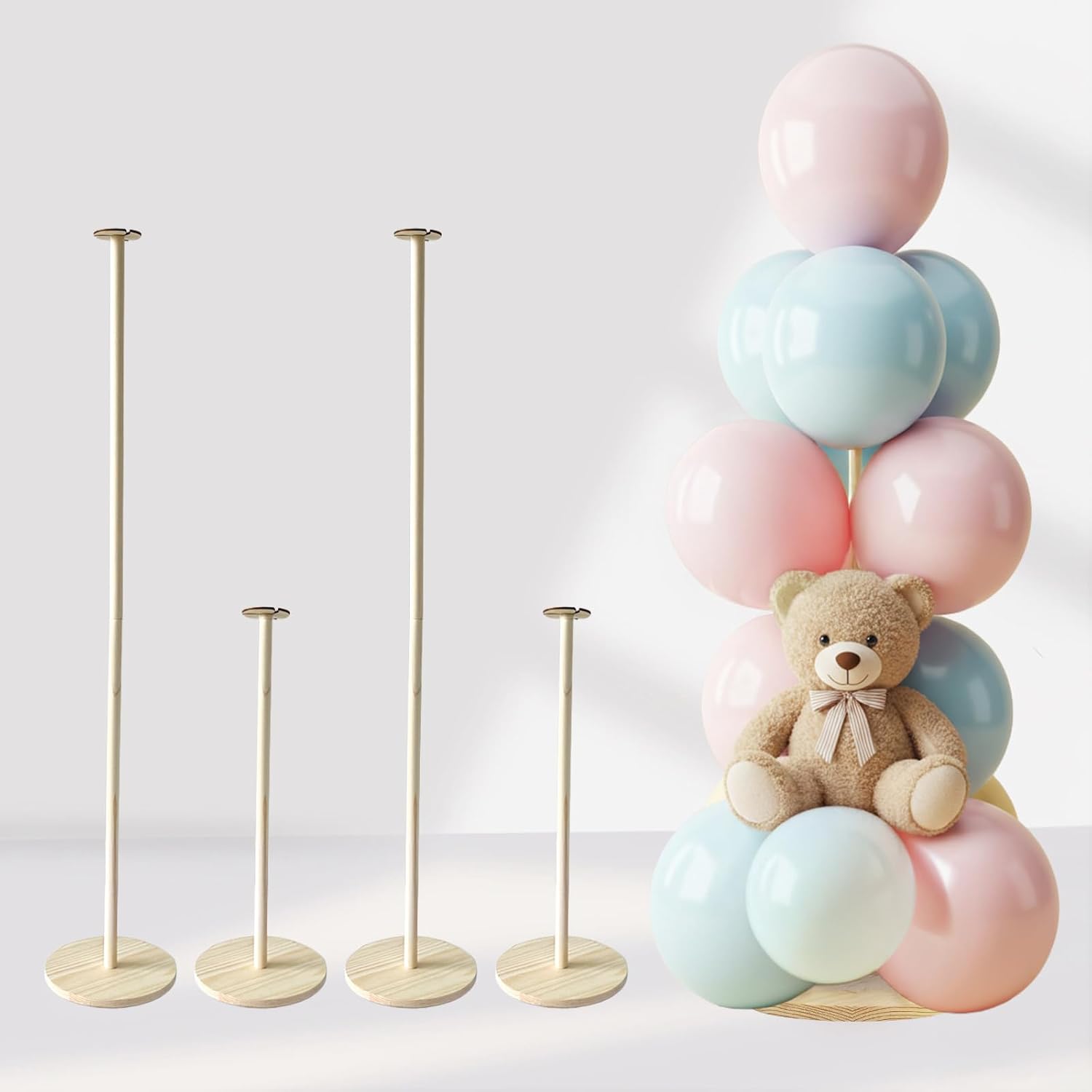 4 Sets Balloon Stands for Table, Wooden Balloon Stand with Base for Party
