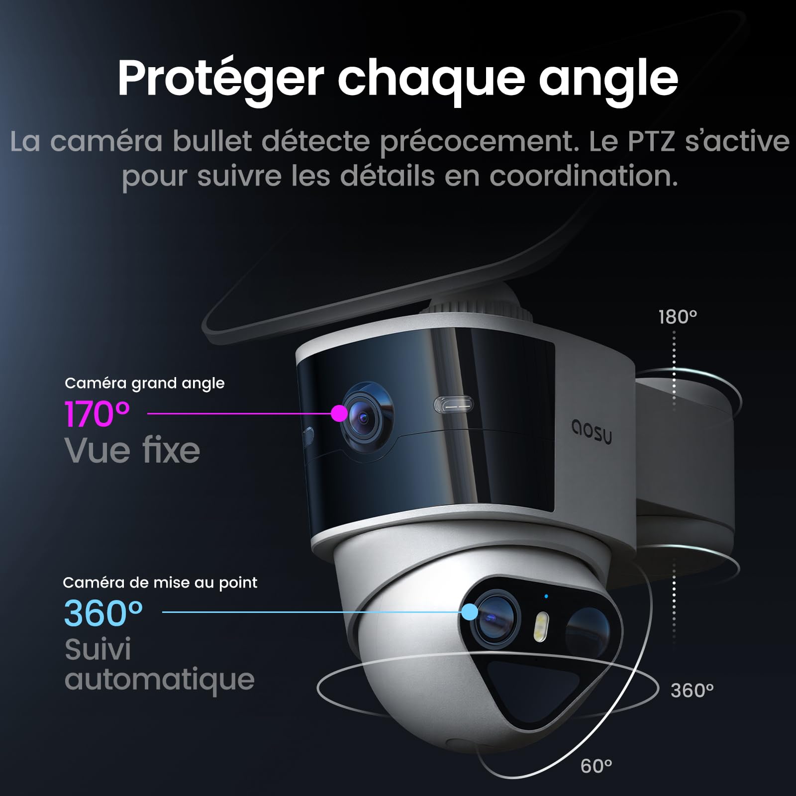 aosu T2 Pro 3K Caméra de sécurité extérieure Solaire sans Fil Kit 2 Caméras | Double Objectif 3K, Angle Mort Éliminé, 170°+360° PTZ, IA, Zoom 8x, Stockage 1To Extensible, Idéal Pour Maison Et Jardin