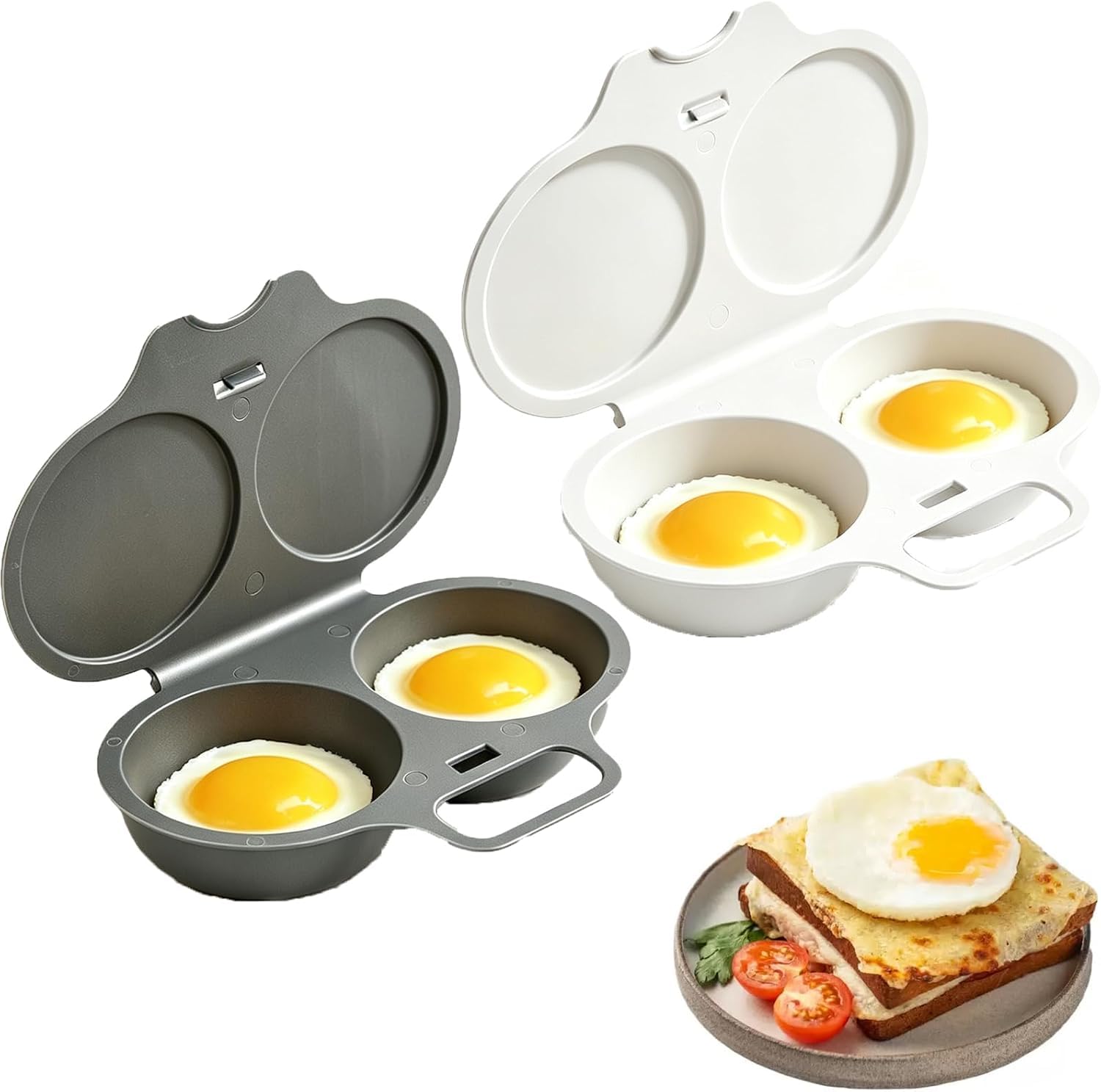 2PCS Dual Cavity Microwave Egg Poacher With Lid & Handle (Dark Gray+While)