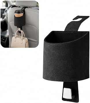 Car Headrest Cup Holder, Faux Leather 2-in-1 Backseat Mounted Organizer, Stable Spill-Resistant Drink & Bag Storage with Hooks, Universal for Cars, SUVs Black