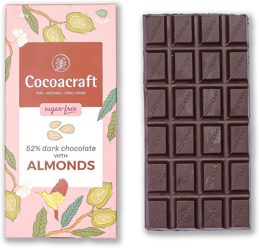 52% Mild Dark Chocolate Bar with Almonds (80g) Sugar Free Chocolate Bar| 100% Natural| Handmade Artisanal Couverture from Kerala| Ideal for Snacking and Gifting