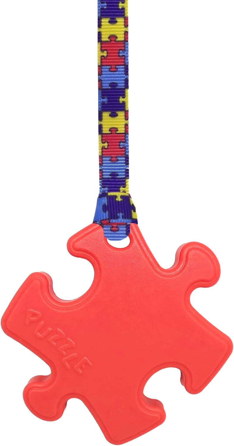 Puzzle Pendant chew Necklace – Autism – Red with Lanyard (6 Designs Available!) (54cm, Jigsaw)