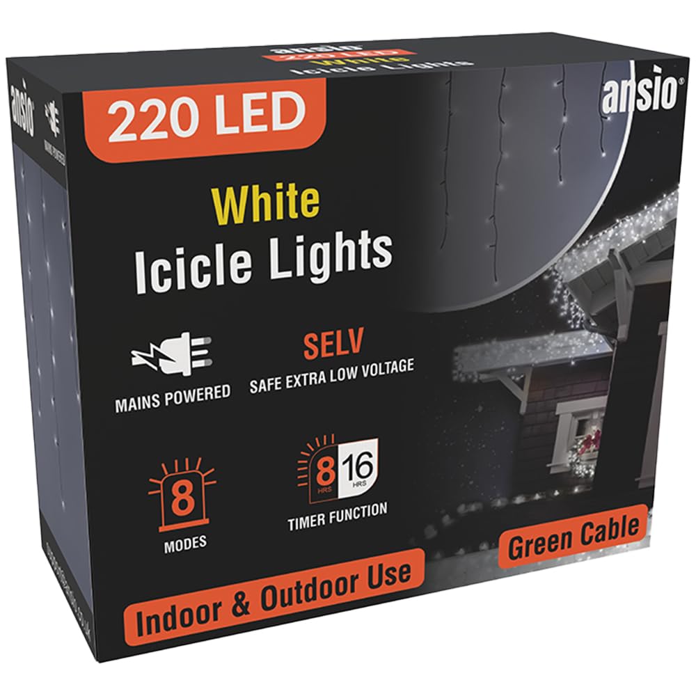Ansio Cool White - Green Cable Ansio® Christmas Lights 220 Led 7.5M/24Ft Icicle Lights Outdoor & Indoor Cool White Decorations String Fairy Outside Lights With Timer For Xmas Garden Bedroom & Party|Mains Powered Green Cable