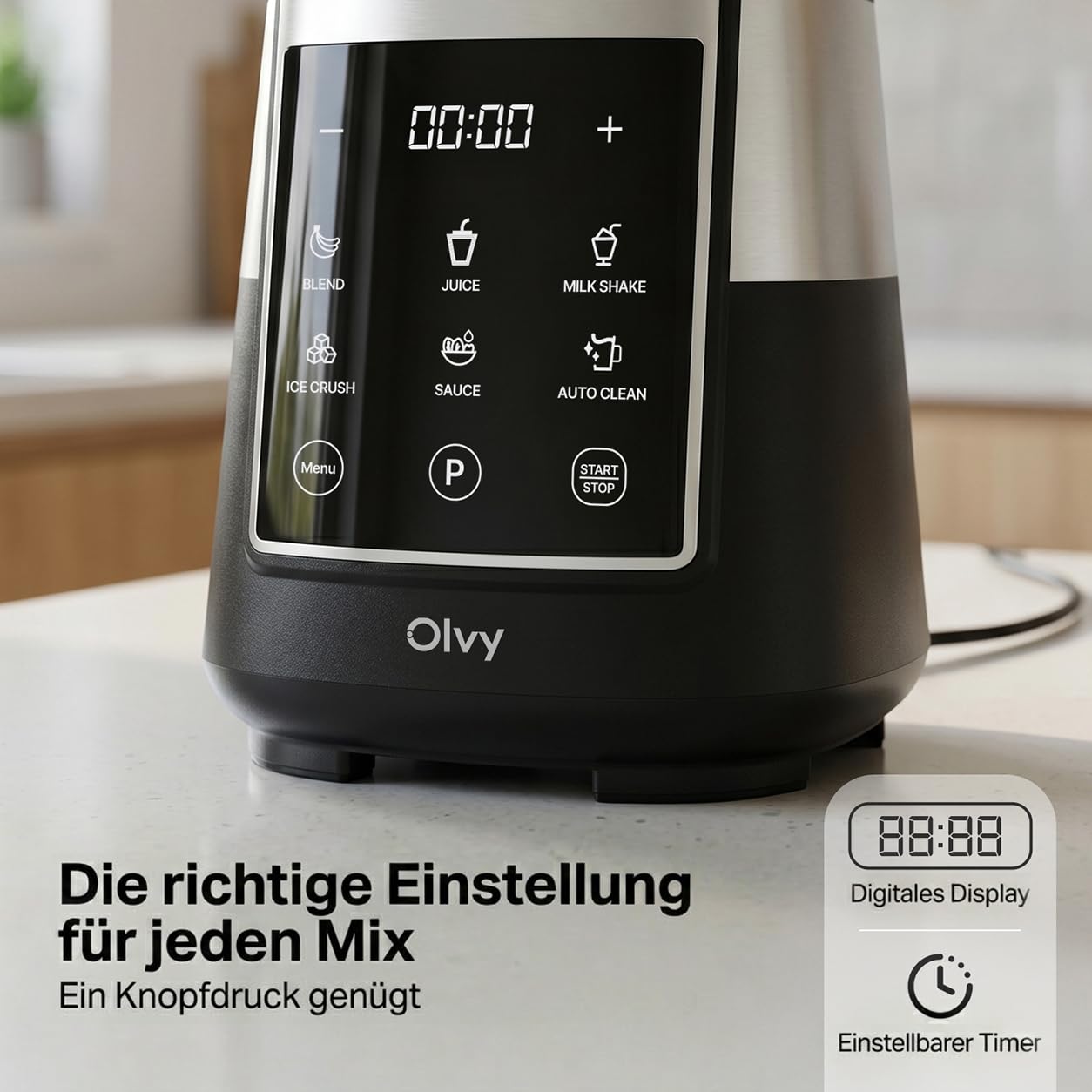 Olvy Standmixer Smoothie Maker 1500ml Glas To-Go LED Timer 6 Klingen-Black