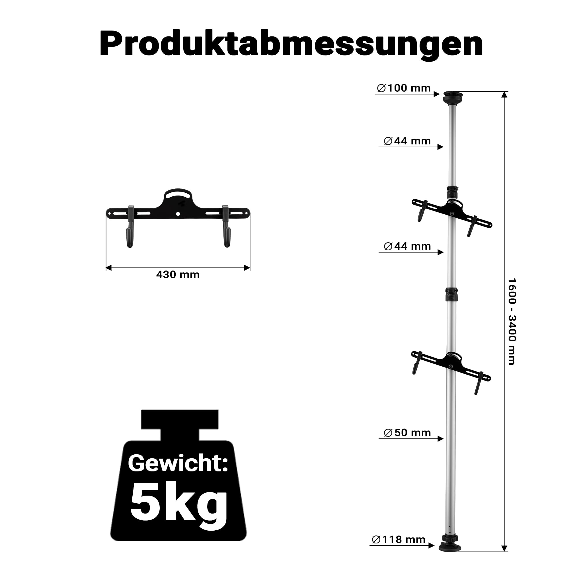 Wiltec Teleskop Fahrradhalter für 2 Räder je 20kg 160-340cm, Fahrradständer platzsparend, Hängesystem verstellbar mit 360° Haltearmen