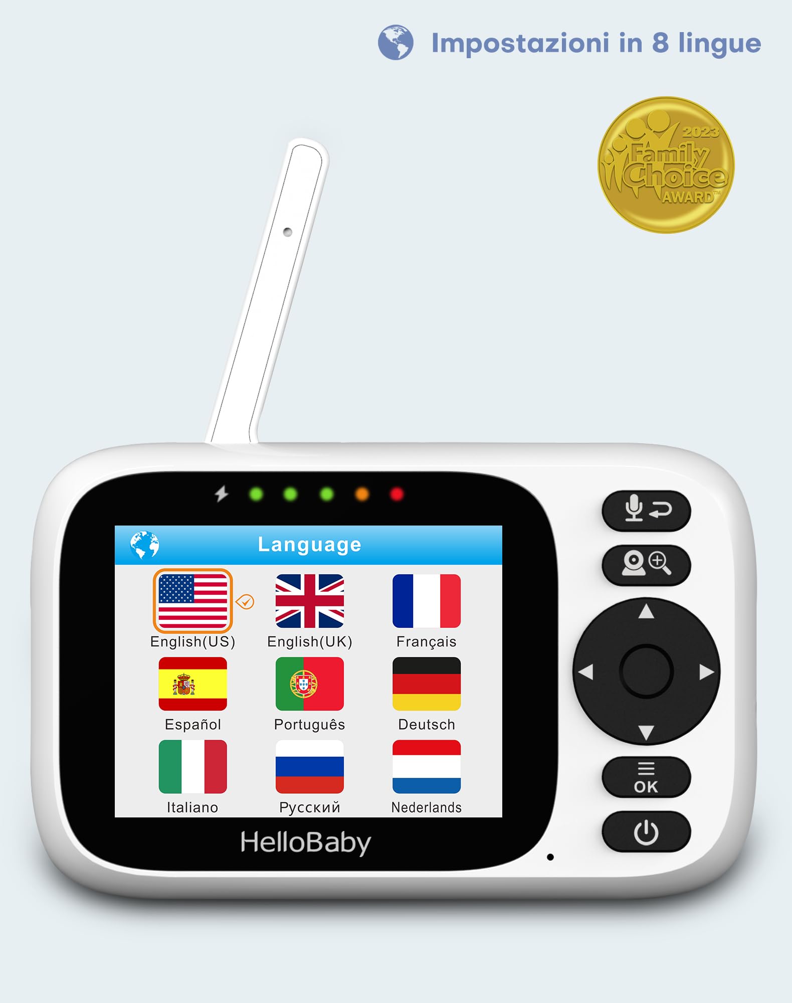 HelloBaby Baby Monitor Video e Audio 3.2'',Telecamera Bambini con Monitor e Doppia Telecamera,320° Telecamera Rotante,Visione Notturna,Sensore Temperatura,ECO,Interfono Bidirezionale,Ninna Nann