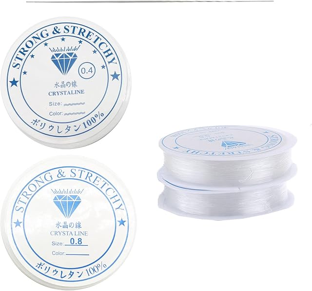 Crystal Elastic String Clear Stretch Bead Thread 4PCS 0.4mm 0.8mm Stretchy Beading Cord with Beading Needle, Elastic Beaded String for Necklace Bracelet Making, DIY Crafts