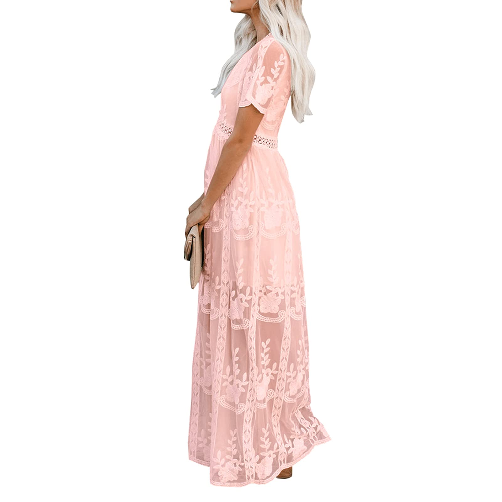amropi Robe de Soirée Femme Floral Manches Courtes Col V Longue Robes en Dentelle